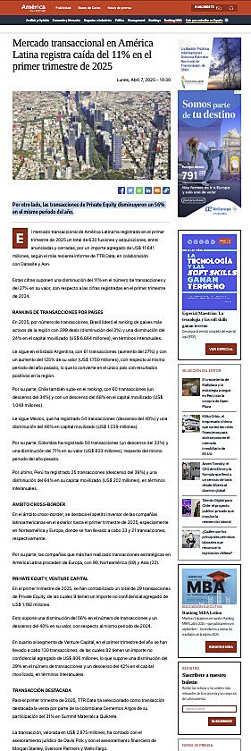 Mercado transaccional en Amrica Latina registra cada del 11% en el primer trimestre de 2025